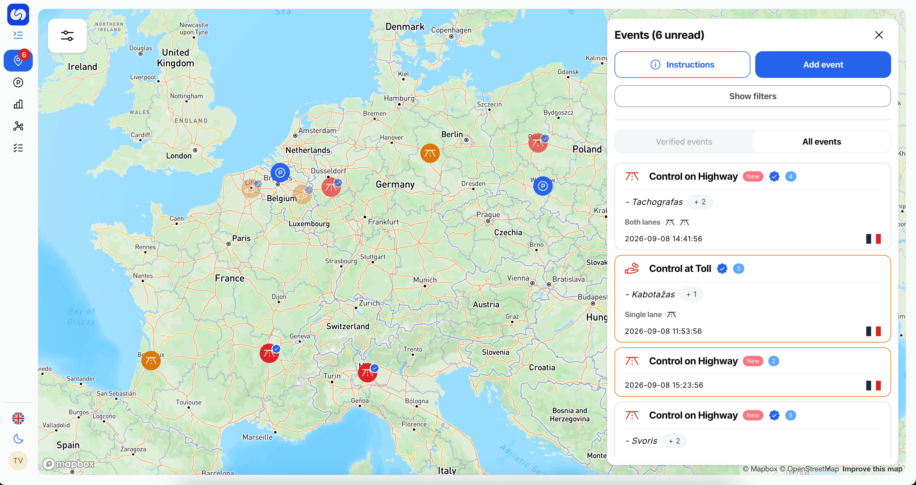 Routly monitoringo žemėlapis Lenkijoje ir Lietuvoje su sunkvežimiais ir gyvu kontrolės įspėjimų srautu